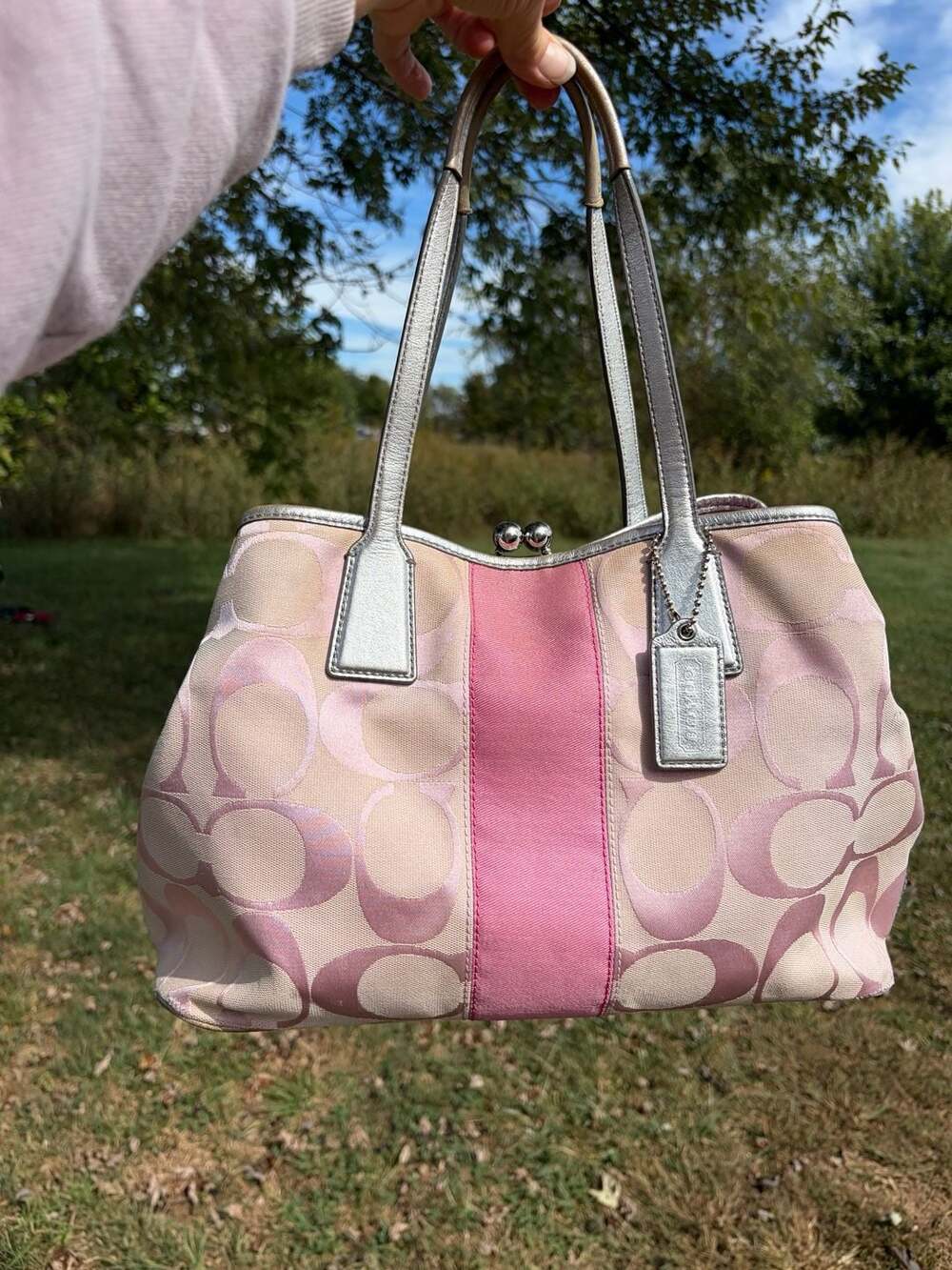 Coach Signature Stripe Frame Kisslock Carryall Satchel Handbag Pink